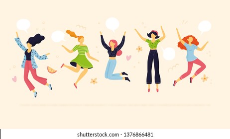 Abstract team members jumping. Flat design. Cute women in cartoon style. Concepts of partnership, teamwork, celebration or enjoying life.