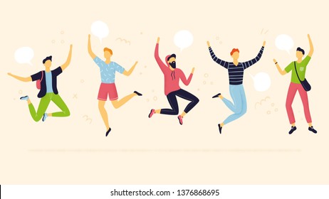 Abstract team members jumping. Flat design. Happy men in cartoon style. Concepts of partnership, teamwork, celebration or enjoying life.