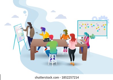 Abstract team in an office meeting. Colorful presentation.