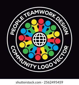 Abstract teamwork hugging people design around of world globe symbol. Logo badge round. Vector isolated on black background.