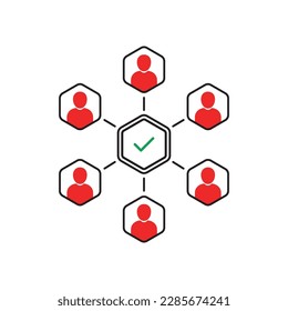 abstract teamwork icon like successful collaboration. flat outline trend client or partners logotype graphic design. concept of integrity or complete with checkmark and online training or webinar chat