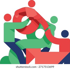 Abstrakte Teamwork-Illustration mit Menschen, die Puzzleteile zusammenstellen, die Zusammenarbeit, Zusammenarbeit, Problemlösung, Einheit und Teamstrategie in einem farbenfrohen, flachen Vektorstil symbolisieren.