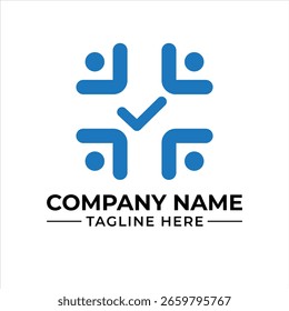 Abstraktes Teamwork-Logo mit einem Häkchen, das Menschen für die Zusammenarbeit verbindet Unternehmensberatung und Gesundheitslösungen mit abgerundeten Formen