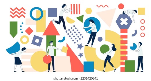 Abstract teamwork metaphor, collaborative business people. Upgrade collaboration, collect geometric shapes together. Structured recent vector process