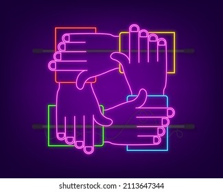 Abstract teamwork neon hands sign for concept design. Business concept. Teamwork, cooperation.