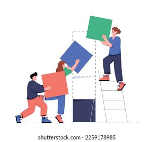 Resumen del proceso de trabajo en equipo. Hombre y mujer con formas geométricas. Trabajadores y autónomos, colegas y socios. Organización de procesos institucionales eficaces. Dibujo vectorial plano de dibujos animados
