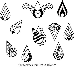 Desenhos abstratos em forma de lágrima apresentando uma variedade de padrões geométricos em preto-e-branco, curvas, listras, pontos e elementos ornamentais em um composto estilizado e simétrico