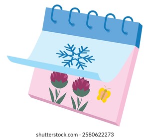 Abstract tear-off calendar with falling leaf, end of winter and beginning of spring on blue background. Time, seasons and changes concept. Vector illustration