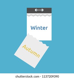 Abstract tear-off calendar with leaf falling and seasons changing from autumn to winter isolated on blue background. Time and change concept. Flat design. Vector illustration. EPS 8, no transparency