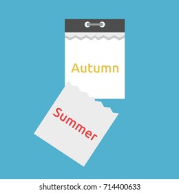 Abstract tear-off calendar with leaf falling and seasons changing from summer to autumn isolated on blue background. Time and change concept. Flat design. Vector illustration. EPS 8, no transparency