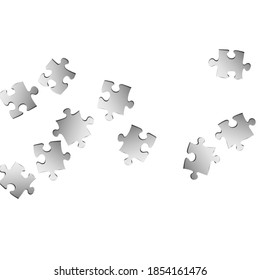 Abstract teaser jigsaw puzzle metallic silver pieces vector background. Top view of puzzle pieces isolated on white. Success abstract concept. Game and play symbols.