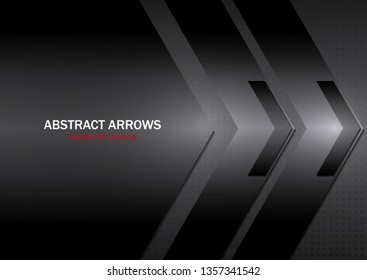 Abstract tech arrows on a gray-black gradient background. Geometric overlap. Space for text. Business template, corporate design. Vector illustration.