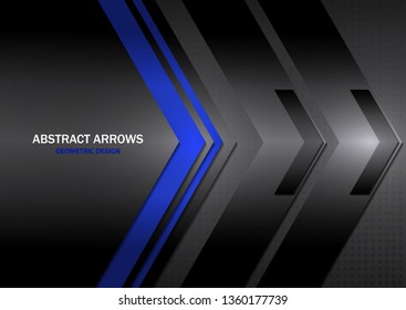 Abstract tech arrows on a gray-black gradient background. Geometric overlap. Space for text. Business template, corporate design. Vector illustration.
