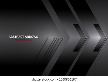 Abstract tech arrows on a gray-black gradient background. Geometric overlap. Space for text. Business template, corporate design. Vector illustration.
