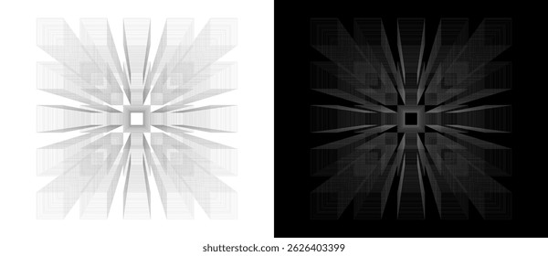 Abstract tech background with diminishing squares. Black shape on a white background and the same white shape on the black side.