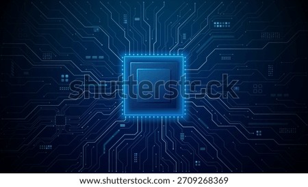 Abstract tech background featuring AI-powered circuit design with semiconductor microchip elements and flowing data streams in luminous blue digital atmosphere. Tech vector illustration.