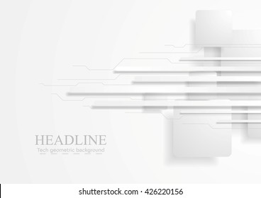 Abstract tech background with grey paper squares and stripes. Circuit board lines, vector graphic design
