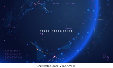 Abstract tech background with low poly wireframe elements. Space technology background in blue. Dark technology bg. Polygonal digital planet in outer space. AI technology concept. Vector illustration