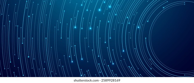 Abstract tech background. Thin line circuit circle wires in blue on technology futuristic bg. Artificial Intelligence and computer innovation backdrop. Digital big data banner. Vector illustration.
