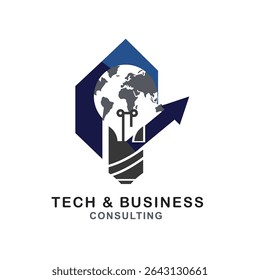Logotipo Abstractas de tecnología y consultoría de negocios con una bombilla estilizada con un globo terráqueo y una flecha hacia arriba, que simboliza las ideas y el crecimiento globales.