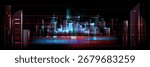 Abstract tech city AI skyline with neon lights, digital buildings and cyberpunk atmosphere for futuristic designs. Glowing skyscrapers reflect on water surface below. Modern urban landscape.