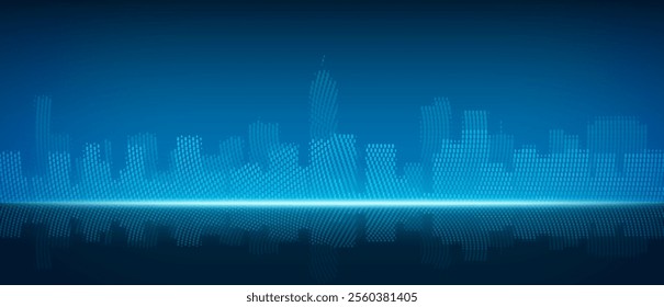 Abstract tech city skyline background. Vector realistic illustration of blue cityscape, modern building silhouettes and skyscrapers, futuristic communication technology, virtual reality, business