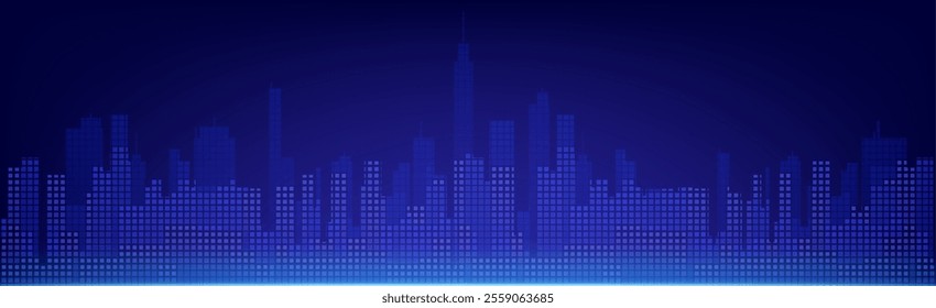 Abstract tech city skyline composed of digital pixels and squares in deep blue gradient shades. Metropolitan silhouette with skyscrapers and modern buildings for technology presentation background.