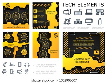 Abstract tech colorful infographic concept with text geometric shapes textures and electronic appliances icons vector illustration