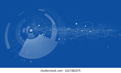 Abstract tech design background. Engineering technology wallpaper made with lines, dots, circles. Futuristic technology interface on blue background. Digital technology concept, vector illustration.