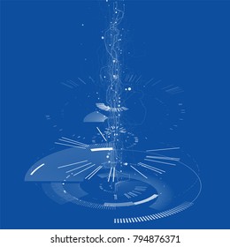 Abstract tech design background. Engineering technology wallpaper made with lines, dots, circles. Futuristic technology interface on blue background. Digital technology concept, vector illustration.