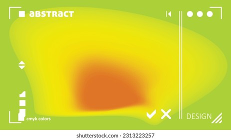 Resumen de diseño tecnológico con mancha naranja rojiza borrosa sobre fondo amarillo verdoso. Patrón gráfico vectorial. Colores CMYK