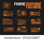 Abstract tech elements collection. Futuristic HUD design elements. High tech cyberpunk frames and borders. Modern sci-fi banners. Orange colors. Vector illustration