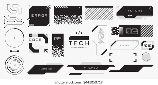 Abstract tech elements collection. Futuristic HUD design elements. Hi-tech cyberpunk frames and borders. Modern sci-fi banners. Black and white colors. Vector illustration