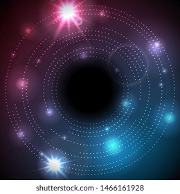 Abstract tech futuristic dotted lines circles with lens flare. Blue purple sci-fi background. Vector design