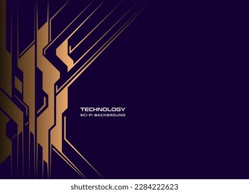 Abstract tech geometric background with gold futuristic shape elements. Dark blue background technology vector design. Decorative web layout, poster, banner, brochure cover. Abstract tech tattoo