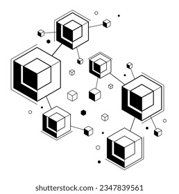 Abstract tech geometric vector background over dark, connected cubes technology network or science theme, digital system abstraction.