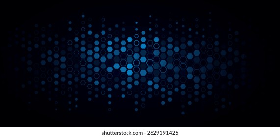 Tecnologia abstrata brilhando hexágonos azuis para fundo de Negócios ou Ciência. Mosaico cibernético. Fundo de apresentação de pesquisa científica para webinar online. Ilustração de vetor