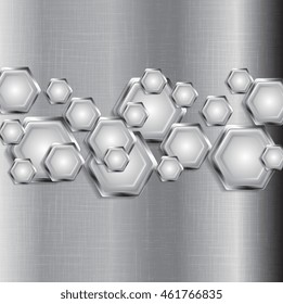 Abstract tech grey background with metal hexagons. Vector graphic design