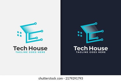 Abstract Tech House Logo Design. Modern House Symbol and Tech Element Combination with Stylish Geometric Lines Concept.
