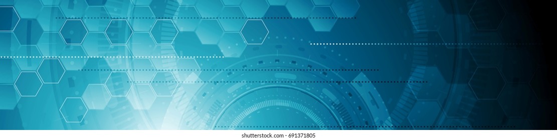 Abstract tech industrial web header banner. Vector geometric background template with gears and hexagons. Futuristic illustration