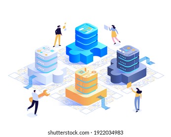 Abstraktes technisches isometrisches Konzept. Große Computerchips oder elektronische Schaltkreise, Netzpuzzle, Teamwork zur Produktentwicklung, Optimierung, Prozesswartung. Vektorgrafik-Zeichenillustration