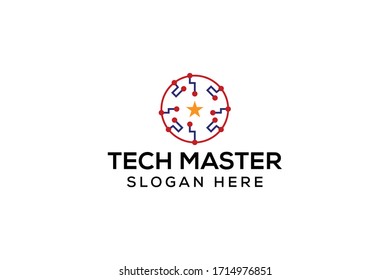abstract tech master badge logo vector concept with simple, unique, modern and elegant styles on white background
