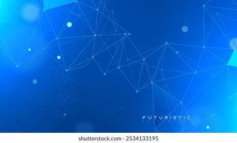 Abstract tech network connection dots and plexus lines on a blue background. Digital neural technology and data science analysis background. Futuristic scientific wallpaper with mesh