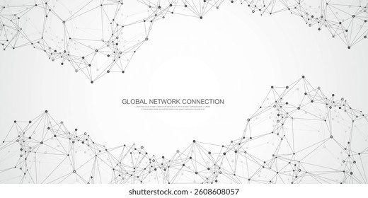 Abstract tech network connection dots. Digital technology and big data analysis background. Grey background with plexus lines. Geometric background with abstract mesh.