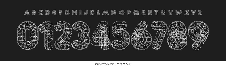 Abstract Tech Number and Letters Font, Wireframe Geometric Alphabet for science posters, futuristic UI type, hoodie or jersey logo design, digital covers, and tech typographic design. Vector typeset