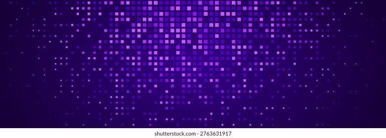 Abstract tech pixel background. Finance grid. Digital frame. Glowing purple squares on dark background. Business bg. Blue mosaic. Futuristic, tech-style template. Vector Illustration.