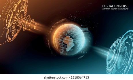 Resumo do vetor tecnológico. Holograma do planeta Terra. Mapa global. Ciência e modernas tecnologias inovadoras. Radar de software futurista. Ilustração de alta tecnologia. Perspectiva. Escala de carga de energia. 