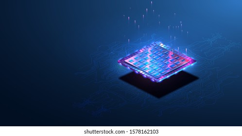 Abstrakte Technologie-Website.Trendy HUD Hintergrund, bunt. Futuristisches Design eines Chips für künstliche Intelligenz mit technischen Elementen. Futuristischer Mikrochip-Prozessor mit Licht auf blauem Hintergrund.Vektorillustration