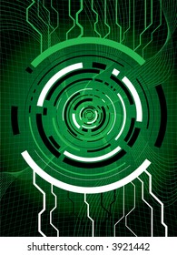 Abstract technical background in green showing digital information passing thru a portal
