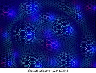 Abstract technical background of spheres and hexagons.   Perspective circle with the effect of glow and glare. Vector illustration